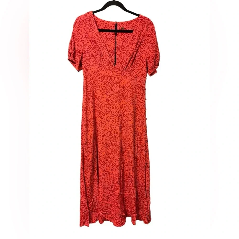 Free People Looking for Love Midi Dress Orange Red Buttons V Neck Size Small